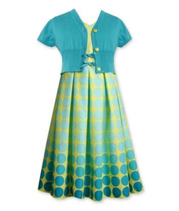 Bonnie Jean® Girls' 2T-16 Dot Dress w/Cardigan - Turquoise/ Green