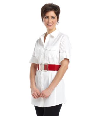 Fashion Focus Modern Patent Tab Stretch Belt - Red/Silver