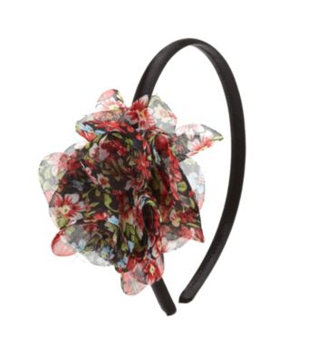 K&K Creative Solid Headband w/Floral Print Chiffon Flower - Black Multi
