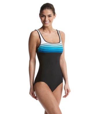 Reebok® Striped Tank Maillot Swimsuit - Black/Aqua