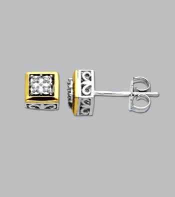 Sterling Silver and 14K Gold Diamond Earrings