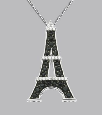 Sterling Silver Black Sapphire and Diamond Eiffel Tower Pendant