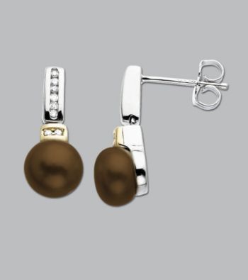 Sterling Silver and 14K Gold Chocolate Pearl Diamond Earrings