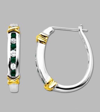 Sterling Silver and 14K Gold Emerald Pierced Hoop Earrings