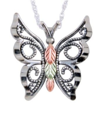 Black Hills Gold on Sterling Oxidized Butterfly Pendant