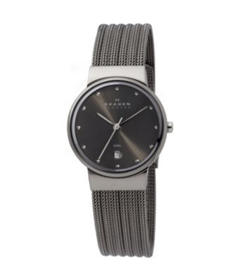 Skagen Denmark Charcoal Plated Striped Mesh Watch