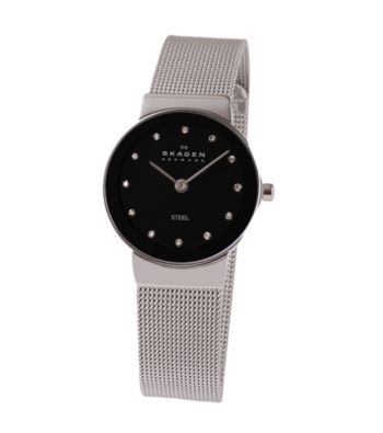 Skagen Denmark Silver Mesh Watch with Black Dial