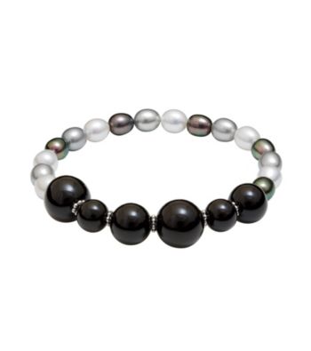 .925 Sterling Silver 6-7mm Multi Freshwater Pearl & Onyx Stretch Bracelet