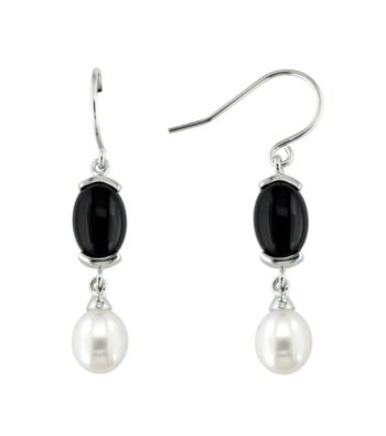 .925 Sterling Silver 8-9mm Freshwater Pearl & Onyx Earrings - White