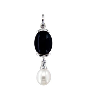 .925 Sterling Silver 8-9mm Freshwater Pearl & Onyx Pendant - White