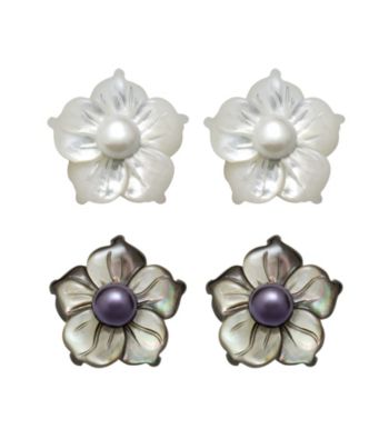 .925 Sterling Silver Freshwater Pearl & Mother-of-Pearl Earring Set - White/Black