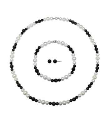 .925 Sterling Silver Pearl & Onyx Necklace/Earrings/Bracelet Set - White/Black
