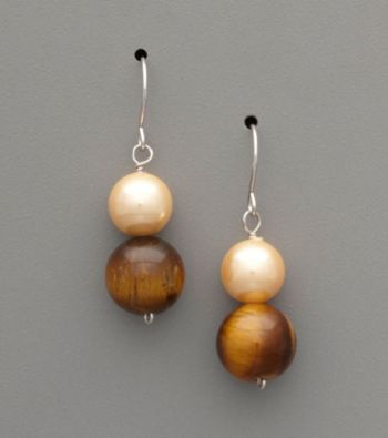 Sterling Silver, Pearl & Tiger Eye Stone Drop Earrings