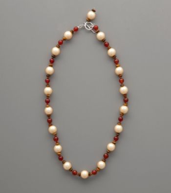 Sterling Silver, Shell Pearl, Red Agate & Tiger's-Eye Bead Necklace