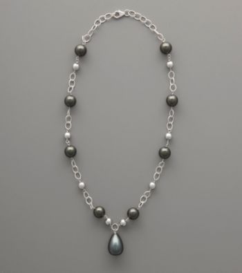 Sterling Silver and Shell Pearl Drop Necklace - Silver/Black