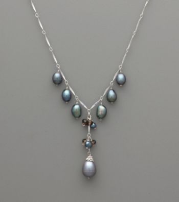 Sterling Silver, Pearl and Smoky Quartz Drop Necklace