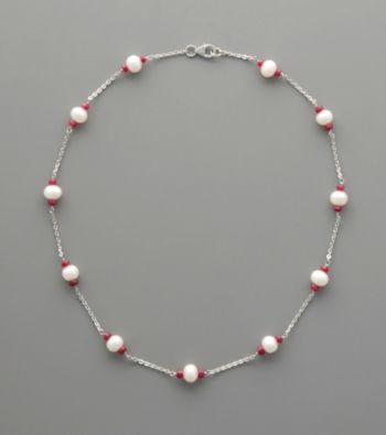 Sterling Silver Freshwater Pearl and Ruby Station Necklace