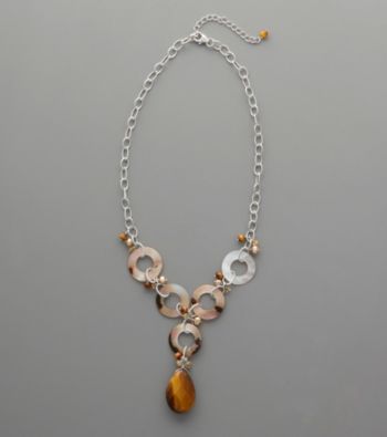 Sterling Silver, Mother-Of-Pearl, Freshwater Pearl, Citrine & Tige's-Eye Drop Necklace
