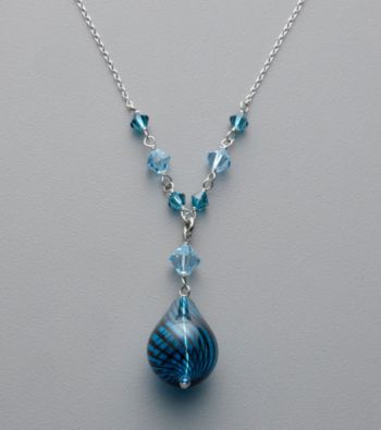 Sterling Sivler, Crystal and Artisan Glass Heart Pendant - Blue