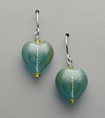 Sterling Silver, Artisan Glass Drop Heart Earrings - Teal