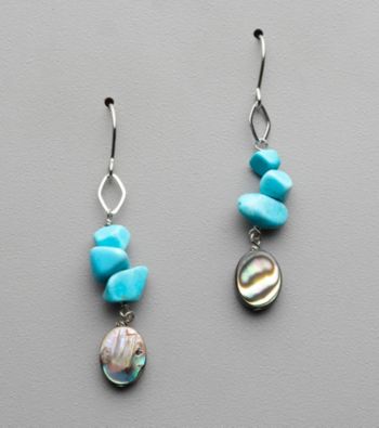 Semi Precious Howlite Turquoise Bead and Oval Abalone Drop Earrings