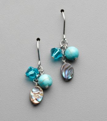 Semi Precious Howlite Turquoise Chip, Crystal, Abalone and Sterling Silver Earrings