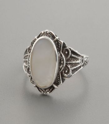Genuine Mother-Of-Pearl and Antiqued Silver Band Ring