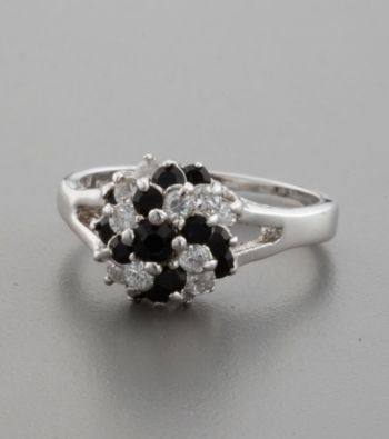 Sterling Silver, Jet and Clear Cubic Zirconia Snowball Ring