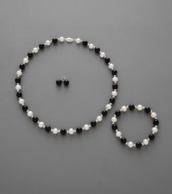 Sterling Silver, Pearl and Onyx Necklace, Bracelet Stud Set