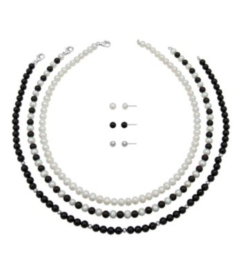Sterling Silver, Pearl & Onyx Necklace/Earring Set