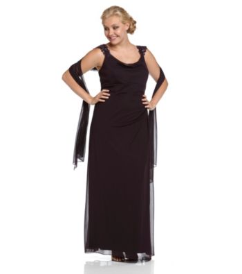 Alex EveningsÂ® Plus Size Lace Sleeve Long Dress with Scarf - Port