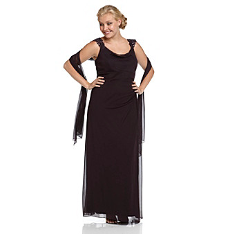 Alex EveningsÂ® Plus Size Lace Sleeve Long Dress with Scarf - Port