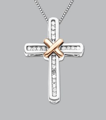 Sterling Silver and 14K Rose Gold .12 ct. t.w. Diamond Cross Pendant