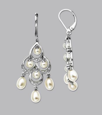 Sterling Silver Freshwater Pearl and .09 ct. t.w. Diamond Chandelier Earring