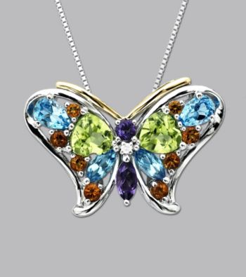 Sterling Silver and 14K Gold Multi Semi Precious Butterfly Pendant