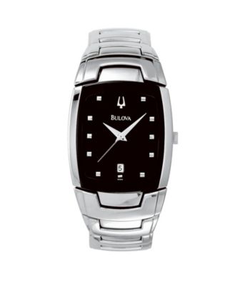 Bulova® Men's Stainless Steel with Square Black Dial Watch