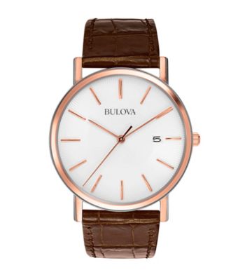 Bulova® Men's Brown Leather Strap and White Dial Watch