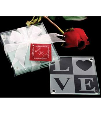 Kate Aspen LOVE Glass Coaster Gift Set with Ribbon and Thank You Tag - Set of 12