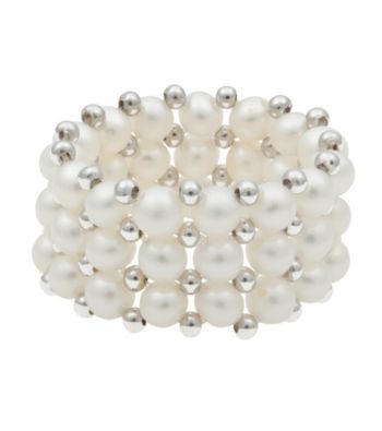 White Freshwater Pearl and Silver Bead Stretch Ring
