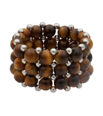 Tiger Eye and Silver Bead Stretch Ring