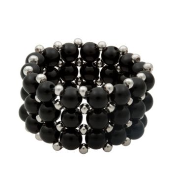 Black Onyx and Silver Bead Stretch Ring