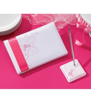 Lillian Rose® White Satin Guestbook & Pen with Floral Accents