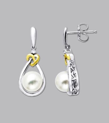 Freshwater Pearl And Diamond LoveKnot Earrings In Sterling Silver and 14K Gold