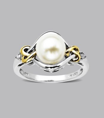Freshwater Pearl and Diamond Loveknot Ring in Sterling Silver and 14K Gold