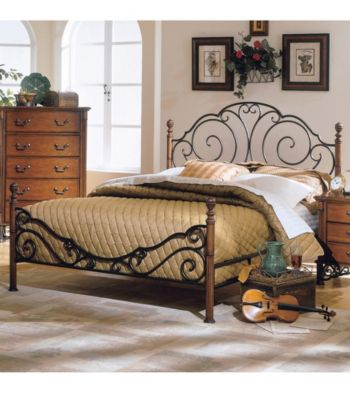 Home Interior Wood Poster Bed Frame with Metal Scroll Work - Bronze 