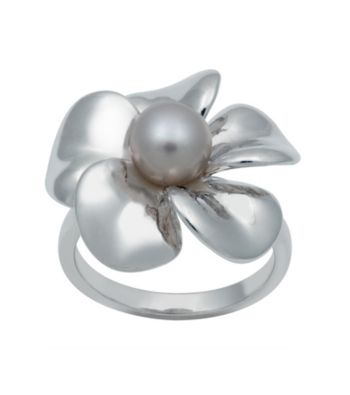 .925 Sterling Silver Freshwater Pearl Flower Ring - Gray