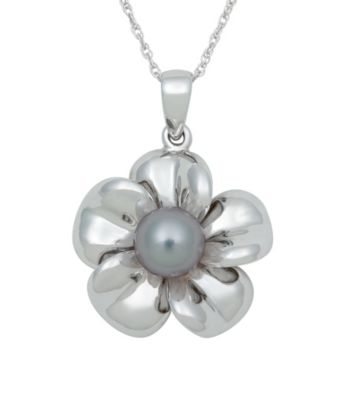 .925 Sterling Silver Freshwater Pearl Flower Pendant - Gray
