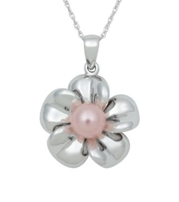 .925 Sterling Silver Freshwater Pearl Flower Pendant - Pink