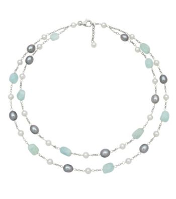 Sterling Silver Stone Pearl Double Necklace - White/Gray/Blue