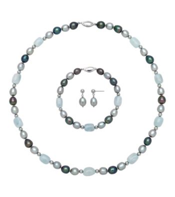 Sterling Silver Jewelry Set - Freshwater Pearl/Aquamarine